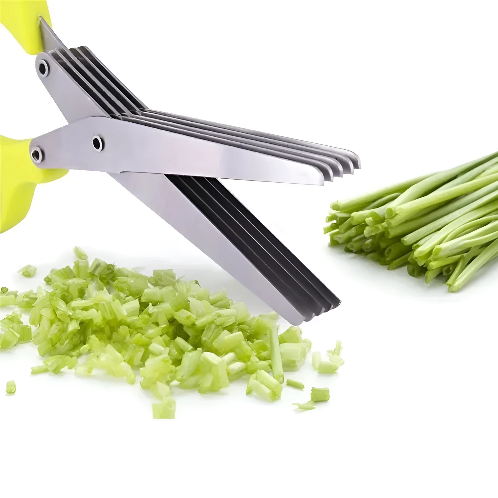Green stainless steel multi-layer kitchen scissors for cutting onions, herbs and nori