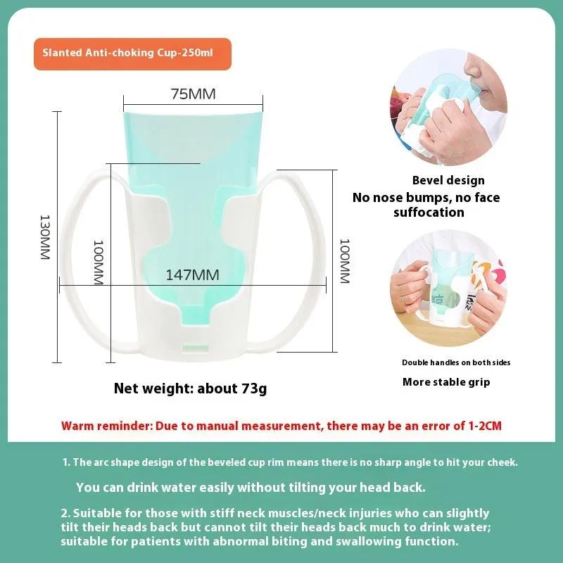 Adult oblique mouth choke proof bed drinking cup with handle and optional wrist splint.