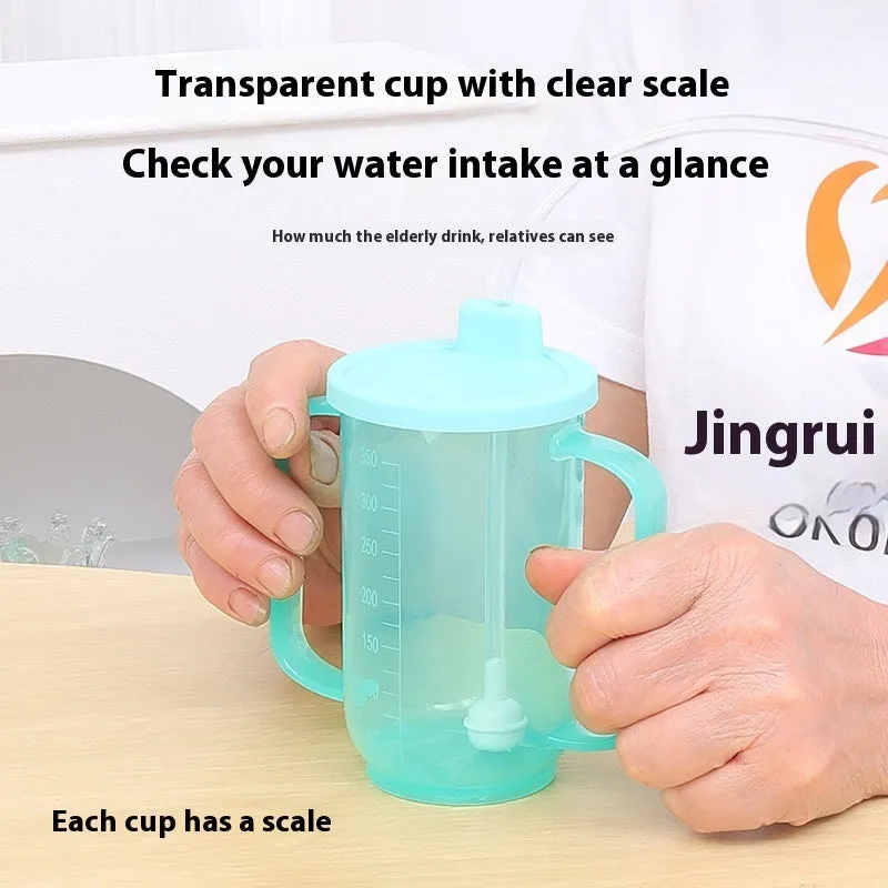 Adult oblique mouth choke proof bed drinking cup with handle and optional wrist splint.