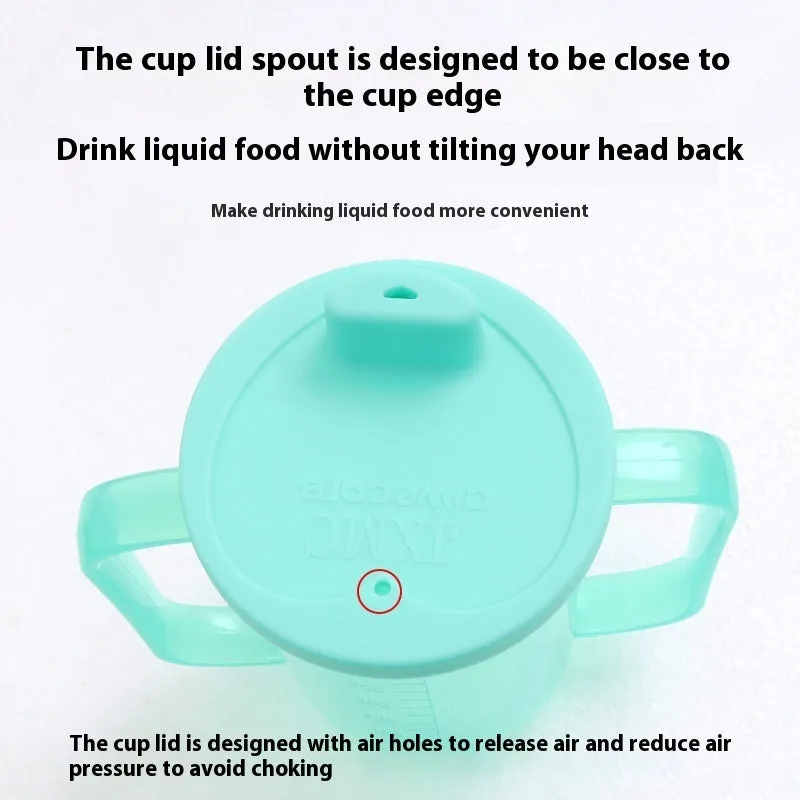 Adult oblique mouth choke proof bed drinking cup with handle and optional wrist splint.