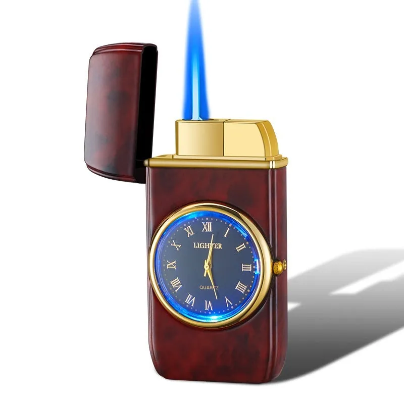 Metal multifunctional electronic lighter with watch display, wind-resistant flame and LED lighting in various colour finishes