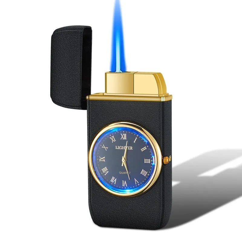 Metal multifunctional electronic lighter with watch display, wind-resistant flame and LED lighting in various colour finishes