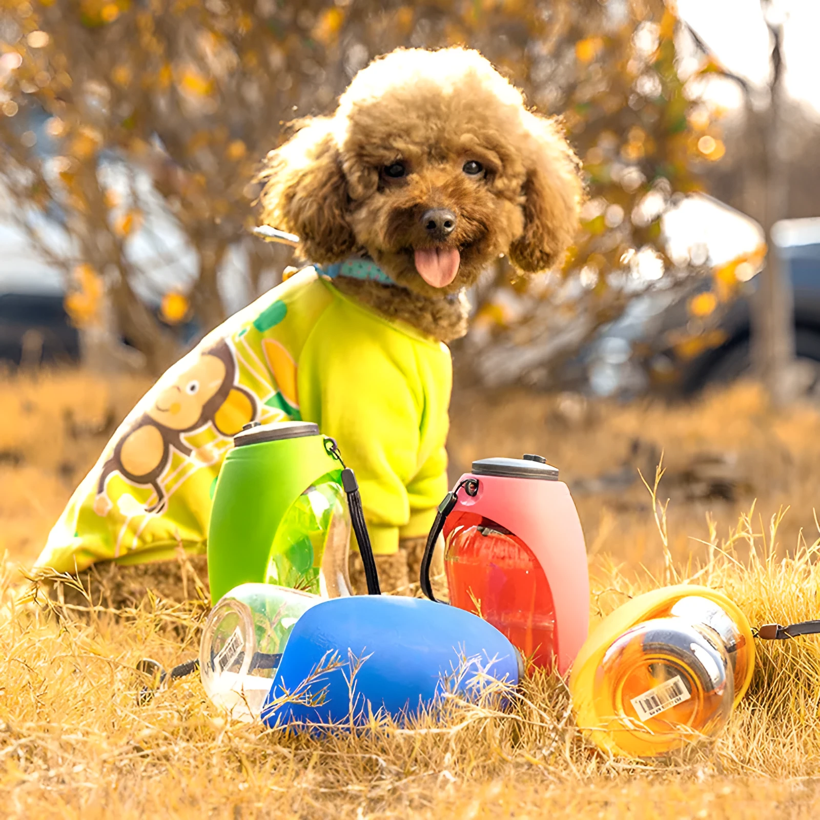Blue portable dog water bottle with drinking bowl and water lock key