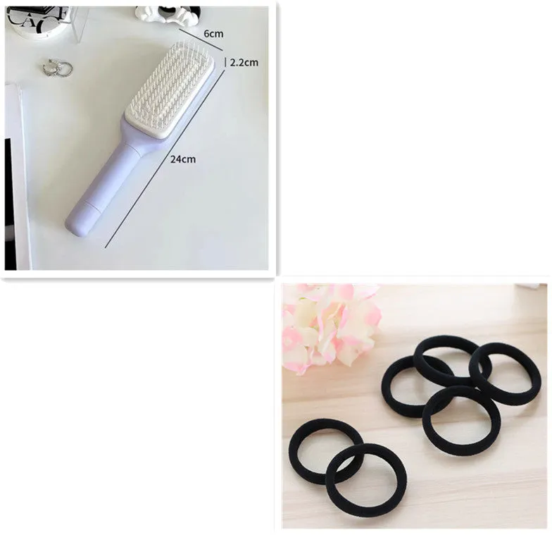Purple and grey self-cleaning hair brushes with rotating handles and anti-static teeth.