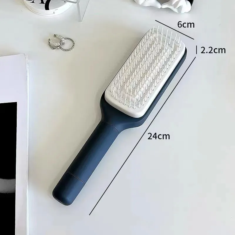 Purple and grey self-cleaning hair brushes with rotating handles and anti-static teeth.