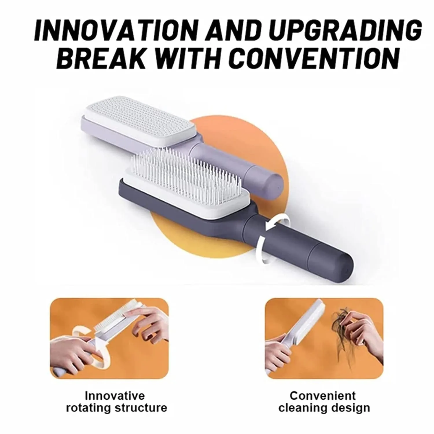 Purple and grey self-cleaning hair brushes with rotating handles and anti-static teeth.
