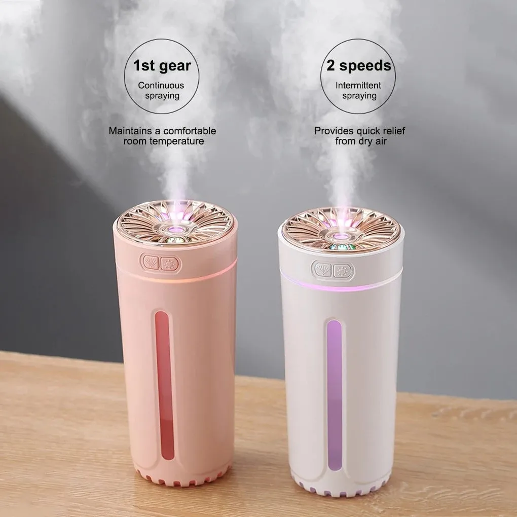 Wireless air humidifier with colourful lights on a car cup holder, 800mAh rechargeable cool mist maker