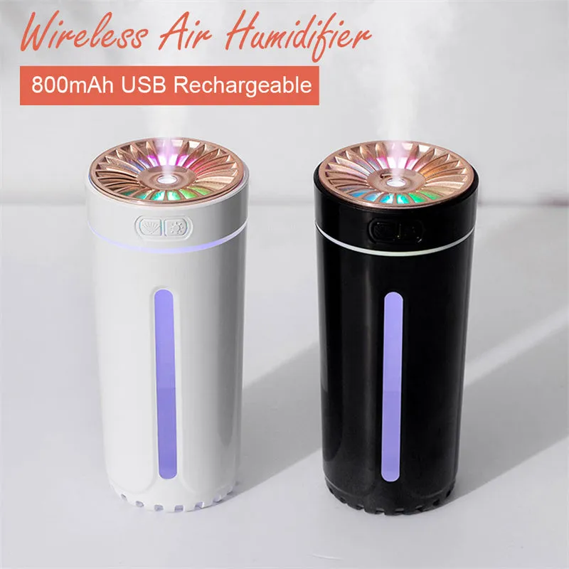 Wireless air humidifier with colourful lights on a car cup holder, 800mAh rechargeable cool mist maker
