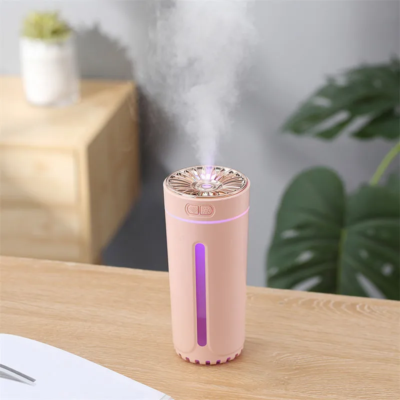 Wireless air humidifier with colourful lights on a car cup holder, 800mAh rechargeable cool mist maker