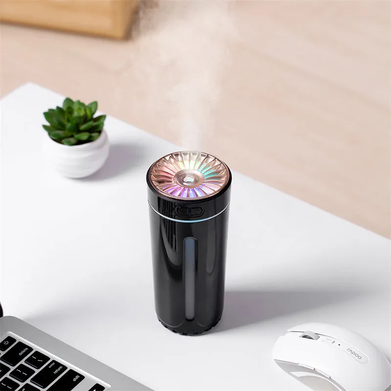 Wireless air humidifier with colourful lights on a car cup holder, 800mAh rechargeable cool mist maker