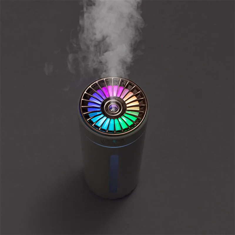 Wireless air humidifier with colourful lights on a car cup holder, 800mAh rechargeable cool mist maker