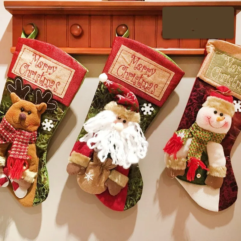 Christmas stocking with 3D Elk appliqué design in mixed colours, made from Burlap cloth with hanging loop