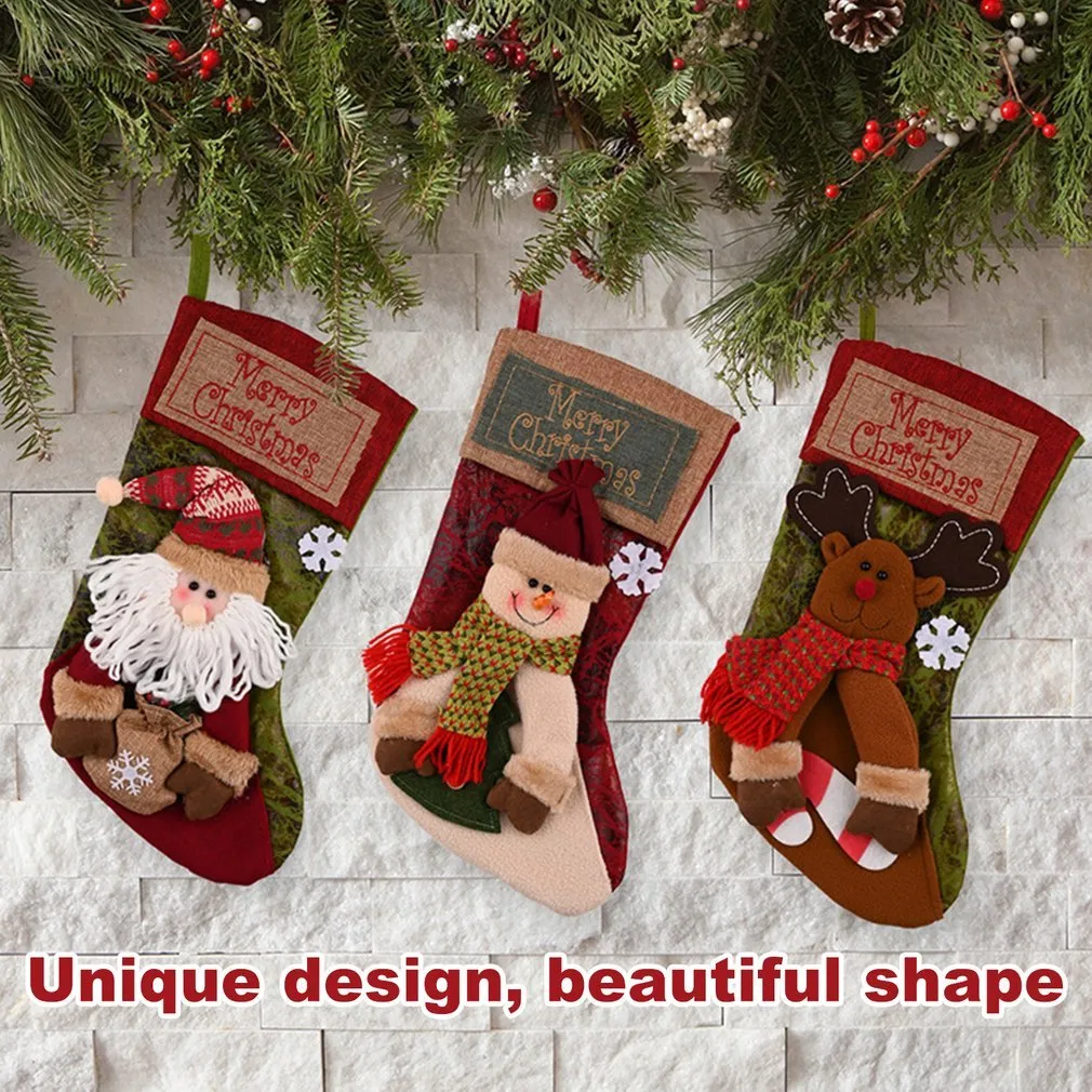 Christmas stocking with 3D Elk appliqué design in mixed colours, made from Burlap cloth with hanging loop