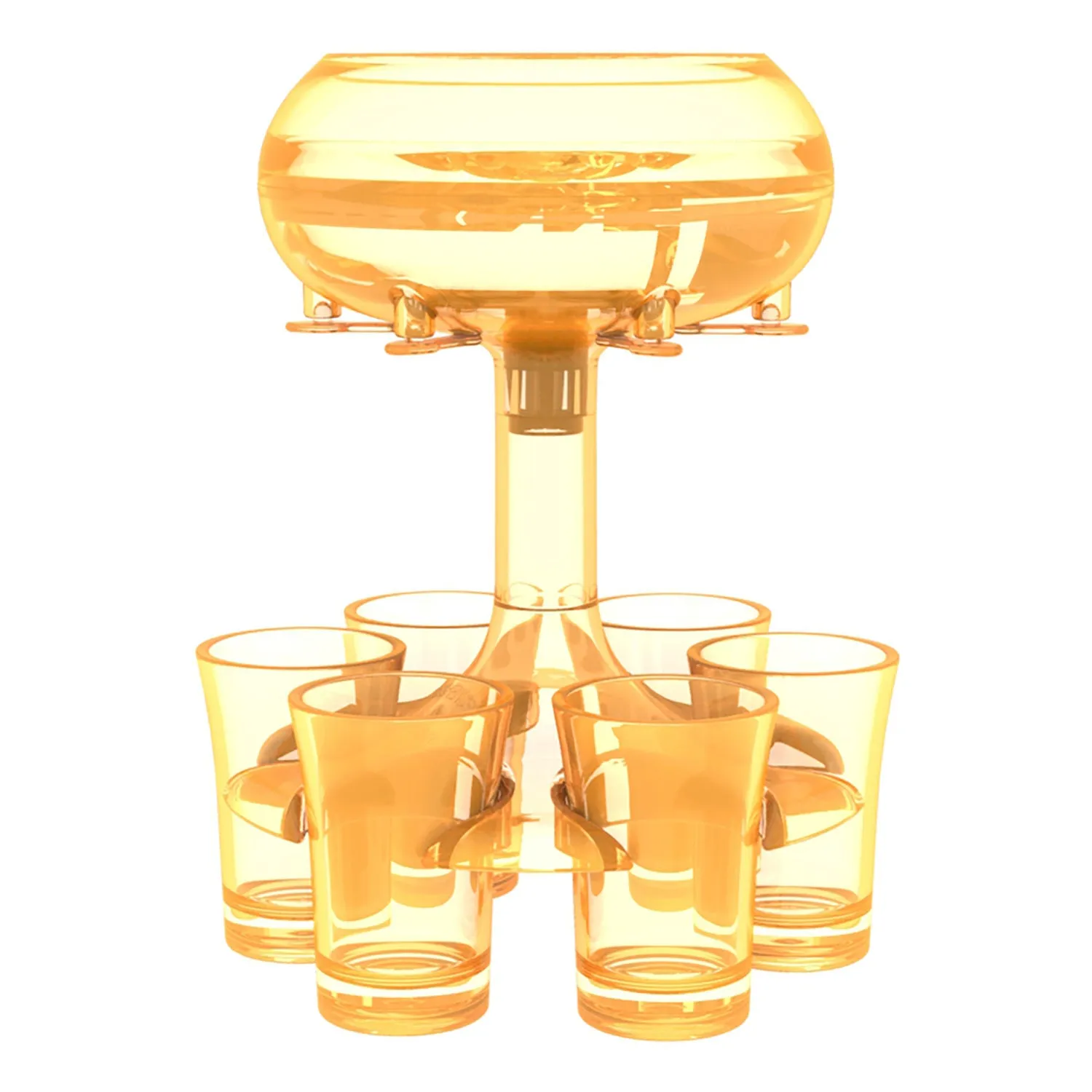 Six-shot glass dispenser rack made of clear PMMA acrylic holding six full shot glasses, shown in gold colour option.