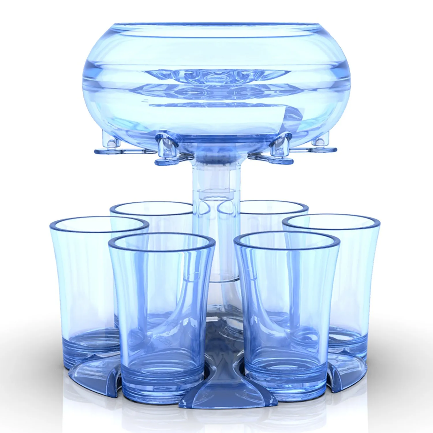 Six-shot glass dispenser rack made of clear PMMA acrylic holding six full shot glasses, shown in gold colour option.