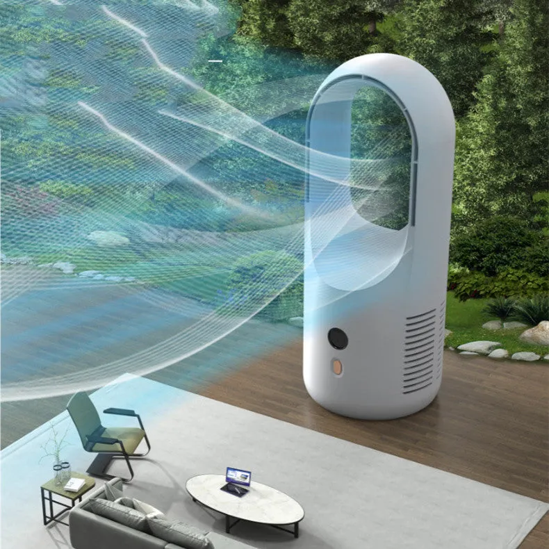 White bladeless desktop fan with LED display, shown on a wooden desk