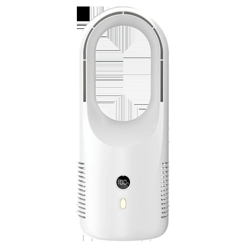 White bladeless desktop fan with LED display, shown on a wooden desk