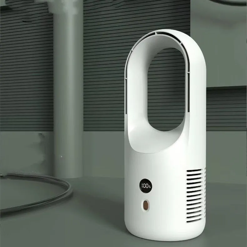 White bladeless desktop fan with LED display, shown on a wooden desk