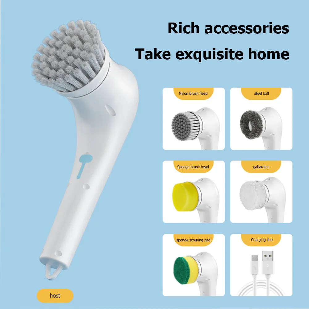 White cordless electric handheld cleaning brush with set of five different brush heads on a USB charging cable
