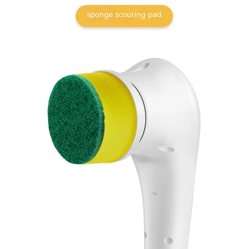 White cordless electric handheld cleaning brush with set of five different brush heads on a USB charging cable