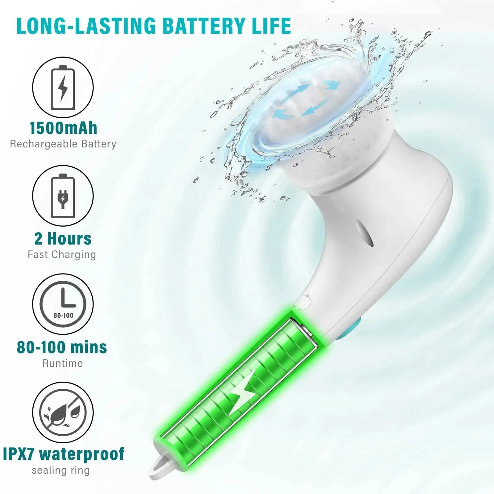 White cordless electric handheld cleaning brush with set of five different brush heads on a USB charging cable