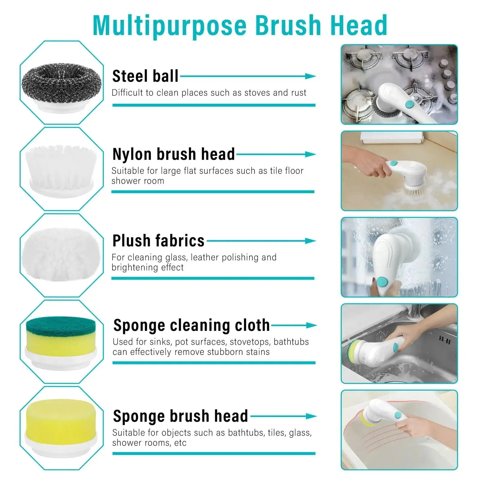 White cordless electric handheld cleaning brush with set of five different brush heads on a USB charging cable