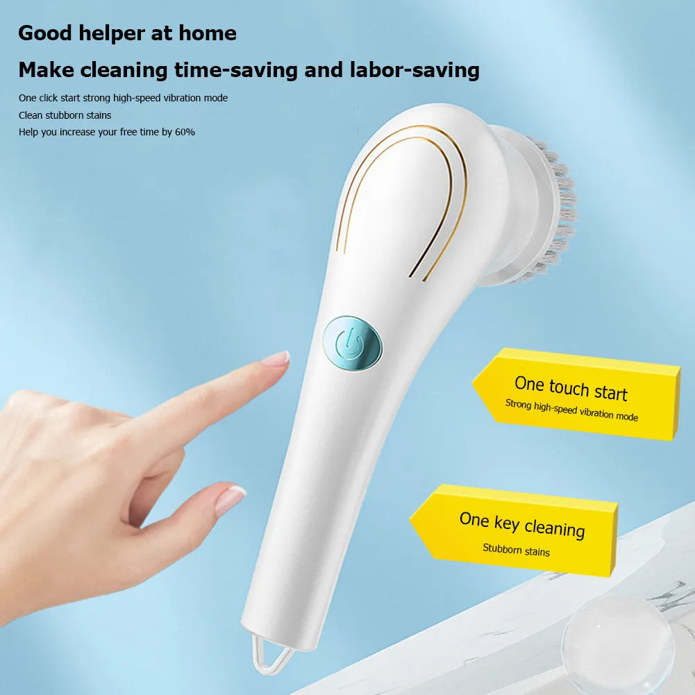 White cordless electric handheld cleaning brush with set of five different brush heads on a USB charging cable