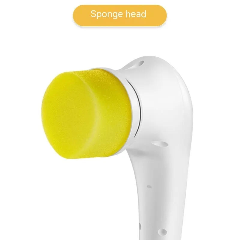 White cordless electric handheld cleaning brush with set of five different brush heads on a USB charging cable