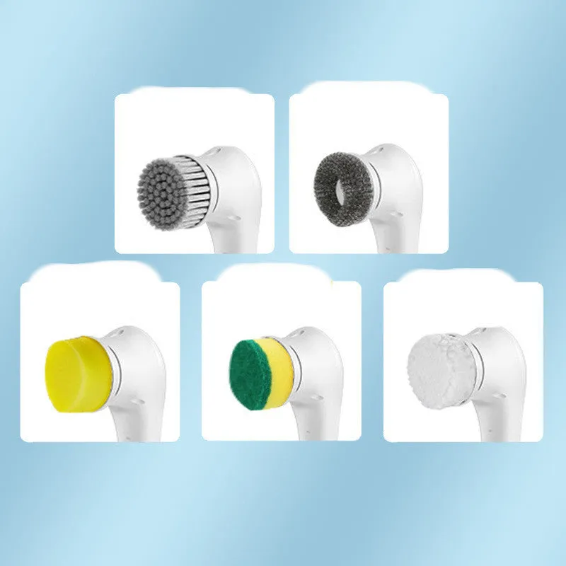 White cordless electric handheld cleaning brush with set of five different brush heads on a USB charging cable