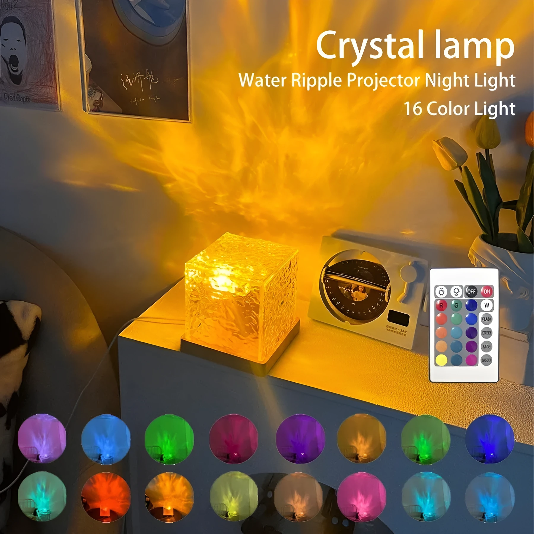 USB rechargeable crystal table lamp projecting blue water ripple light pattern on wall.