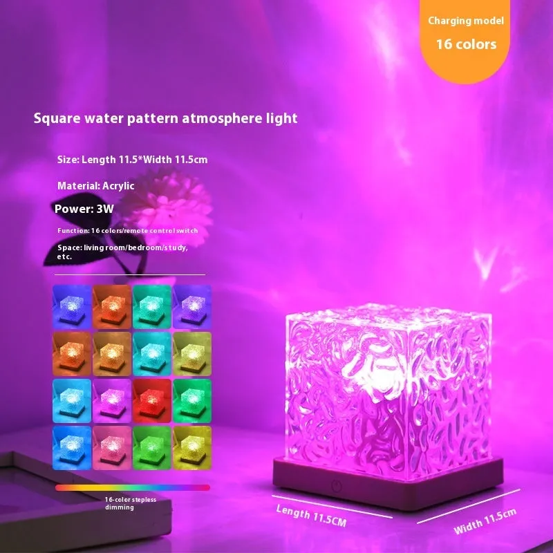 USB rechargeable crystal table lamp projecting blue water ripple light pattern on wall.