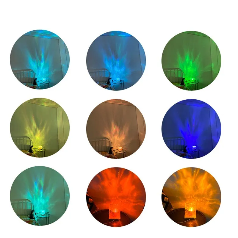 USB rechargeable crystal table lamp projecting blue water ripple light pattern on wall.