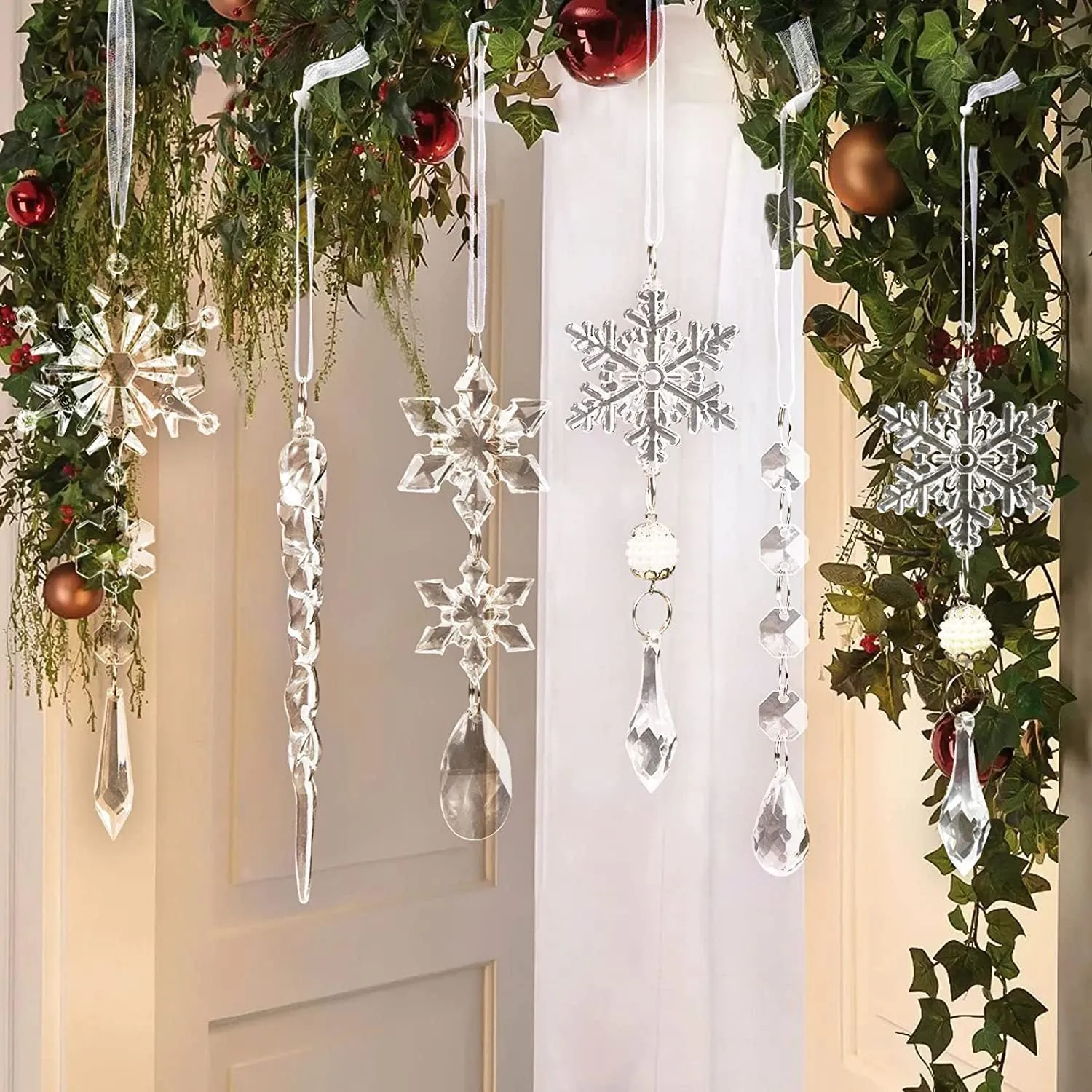 10 clear acrylic icicle and snowflake Christmas tree ornaments with white ribbons