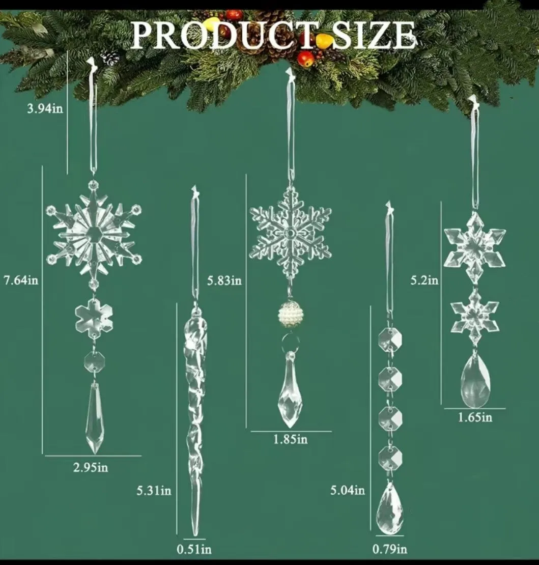 10 clear acrylic icicle and snowflake Christmas tree ornaments with white ribbons