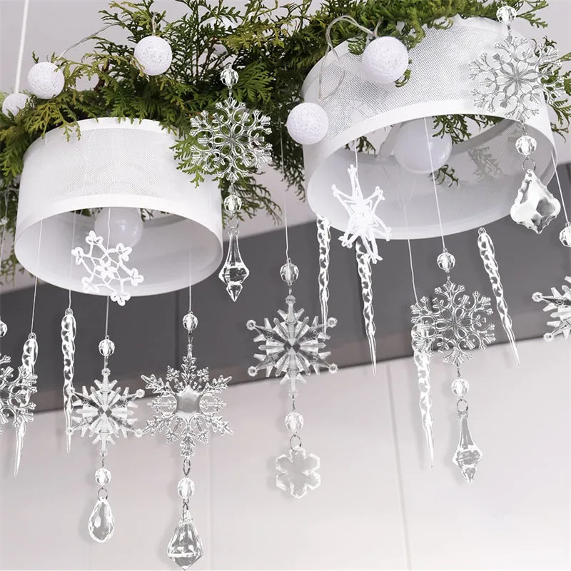 10 clear acrylic icicle and snowflake Christmas tree ornaments with white ribbons