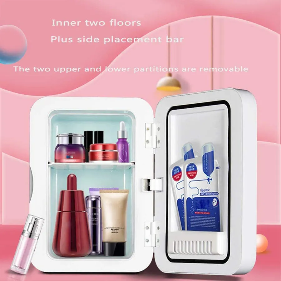 White portable cosmetic refrigerator cooler warmer with removable shelf for skincare products
