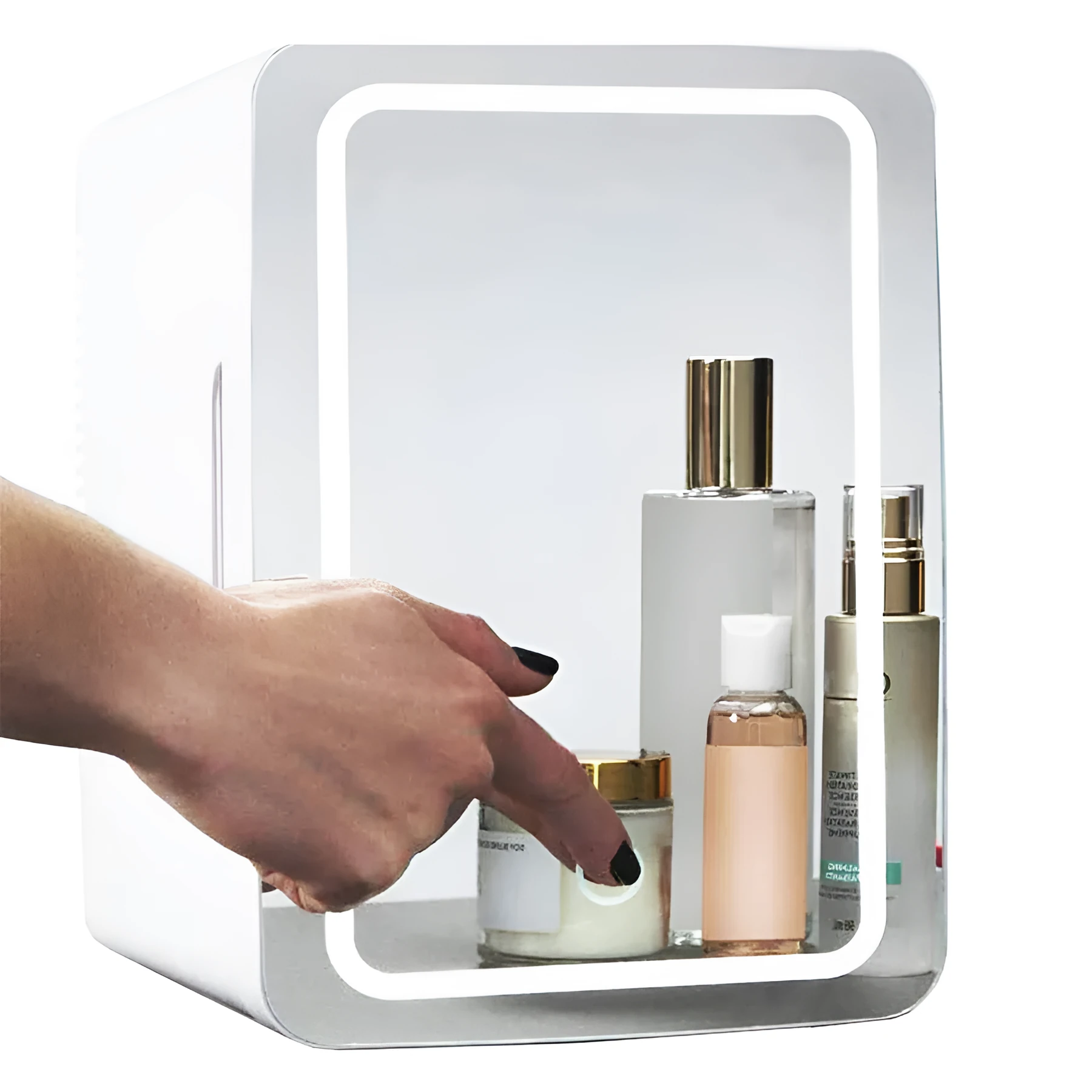 White portable cosmetic refrigerator cooler warmer with removable shelf for skincare products