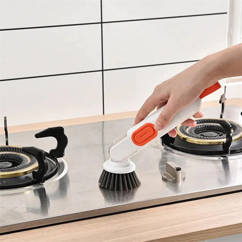 White and red long-handle kitchen brush with liquid dispenser button and two spare brush heads