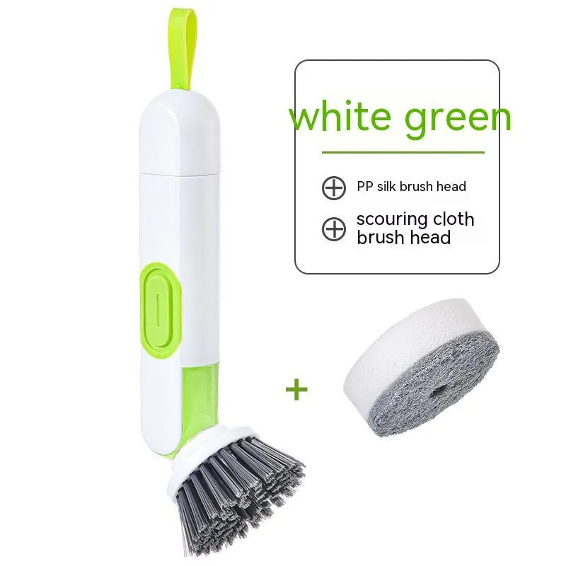 White and red long-handle kitchen brush with liquid dispenser button and two spare brush heads