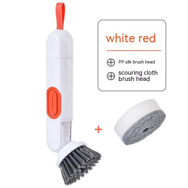 White and red long-handle kitchen brush with liquid dispenser button and two spare brush heads