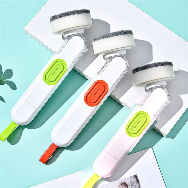 White and red long-handle kitchen brush with liquid dispenser button and two spare brush heads