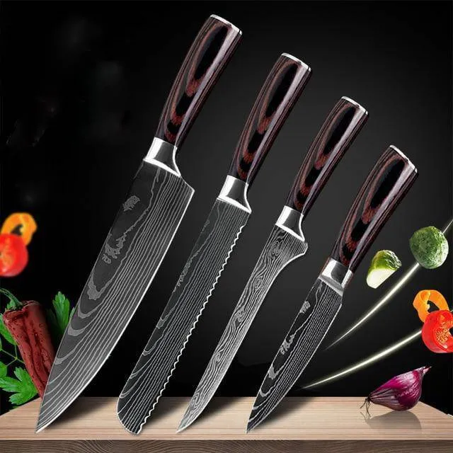 7Cr17 stainless steel kitchen knife with coloured wood handle and Damascus pattern blade on a black gift box.