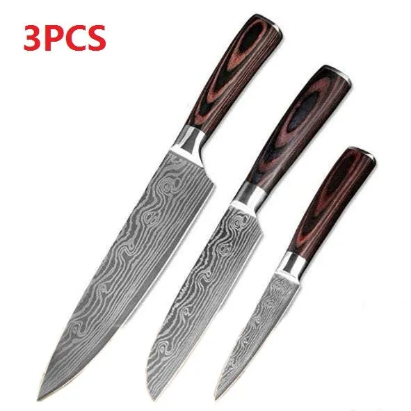 7Cr17 stainless steel kitchen knife with coloured wood handle and Damascus pattern blade on a black gift box.