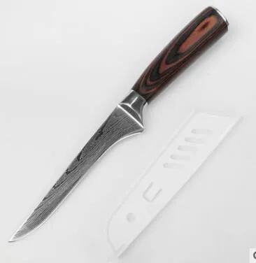 7Cr17 stainless steel kitchen knife with coloured wood handle and Damascus pattern blade on a black gift box.