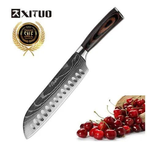 7Cr17 stainless steel kitchen knife with coloured wood handle and Damascus pattern blade on a black gift box.
