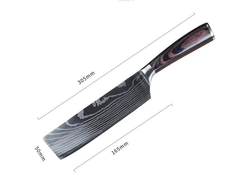 7Cr17 stainless steel kitchen knife with coloured wood handle and Damascus pattern blade on a black gift box.