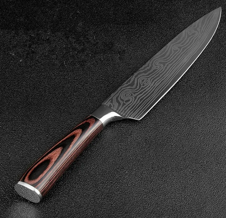 7Cr17 stainless steel kitchen knife with coloured wood handle and Damascus pattern blade on a black gift box.