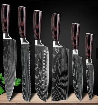 7Cr17 stainless steel kitchen knife with coloured wood handle and Damascus pattern blade on a black gift box.