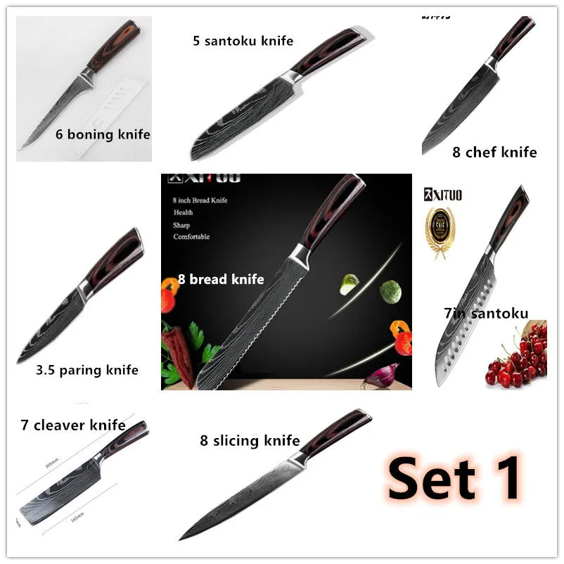 7Cr17 stainless steel kitchen knife with coloured wood handle and Damascus pattern blade on a black gift box.