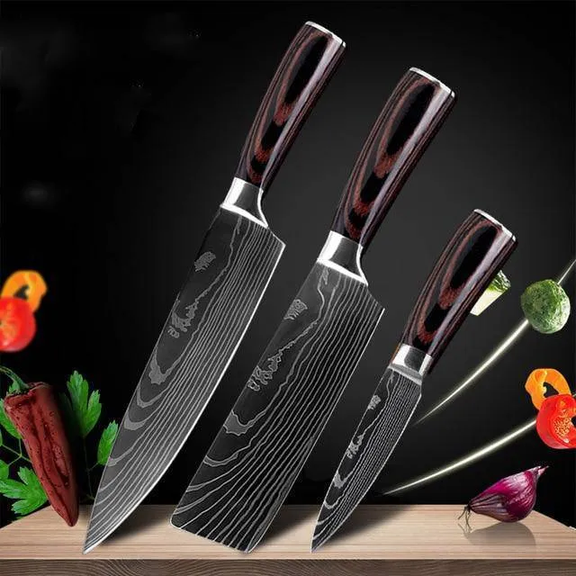 7Cr17 stainless steel kitchen knife with coloured wood handle and Damascus pattern blade on a black gift box.